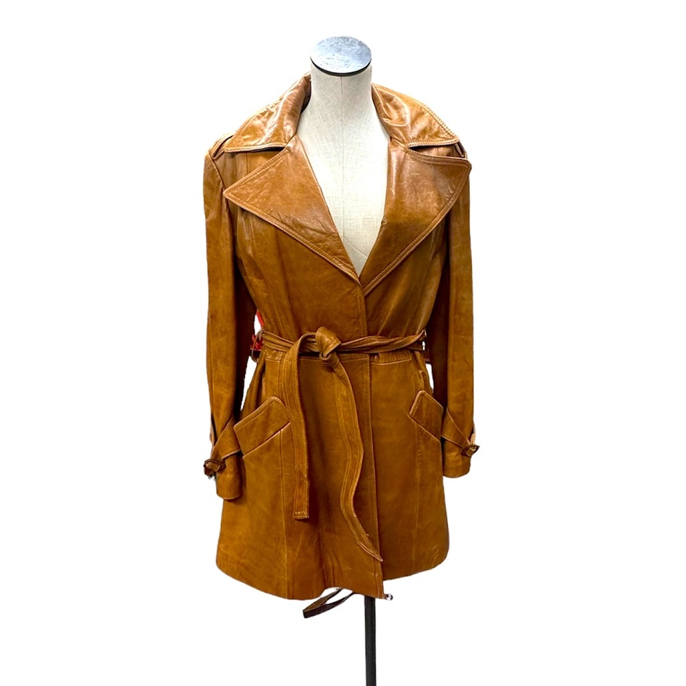 Vintage Brown Ski Gear Leather Trench Coat Short Modern